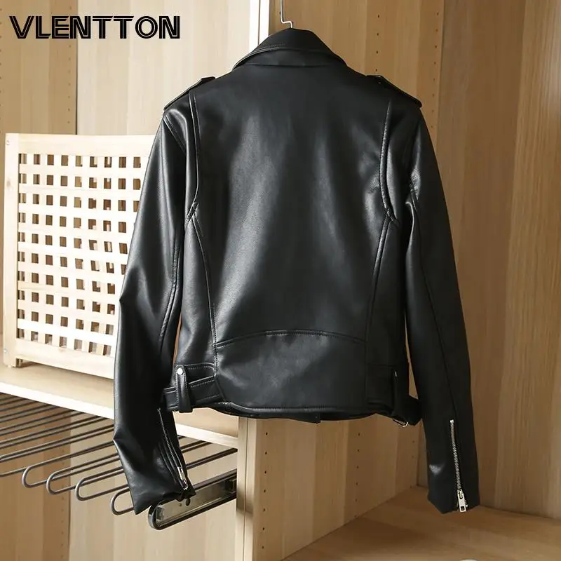 2024 Spring Autumn Women Black Faux Leather Jacket Casual Zipper With Belt Biker Coat Female Casual Solid Short Outwear