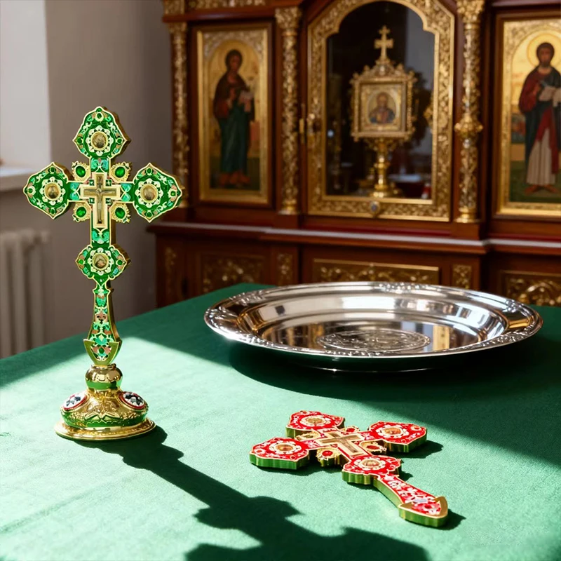 Luxuriöses Orthodoxes Christliches Geschenk: Vergoldetes Grünes Cloisonné-Standkreuz, Kirchenqualität, Altar-Kruzifix für Spirituelle Heimdekoration – Detail 8
