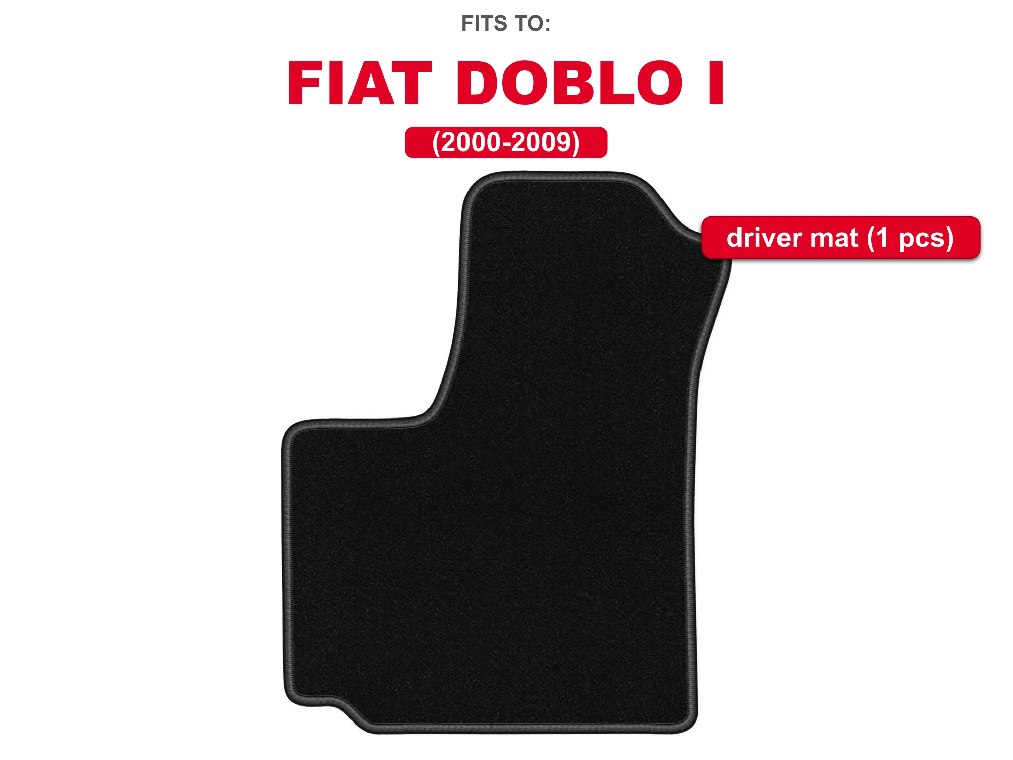 Zwarte velours bestuurdersvloermat voor: Fiat Doblo I 2000–2009 combi busje, autovloermat, 1 stuk voor de bestuurderszijde, op maat gemaakt