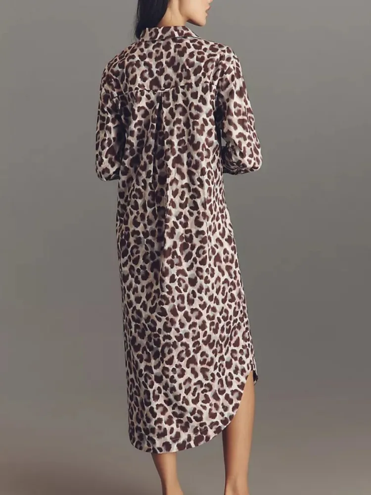 Beautyblue Leopard Print V Neck Dress Women's Fashion Shirt Dresses New Loose Buttoned Spring Elegant Party Long Sleeve Dress