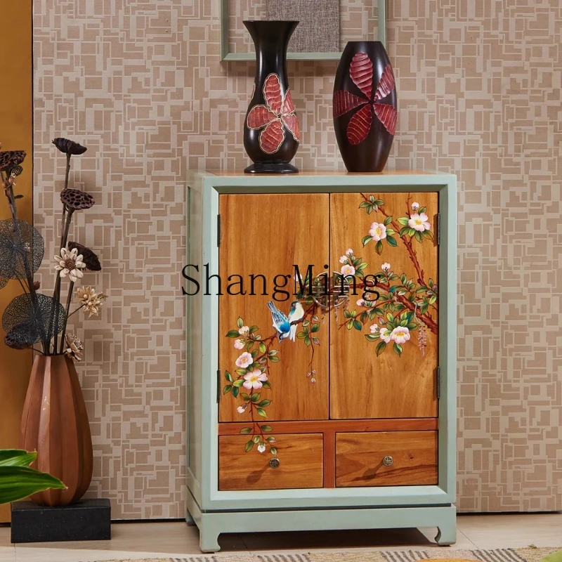 

ZYY New Chinese-style painted double-door cabinet Solid wood small apartment shoe cabinet Neoclassical retro old porch cabinet