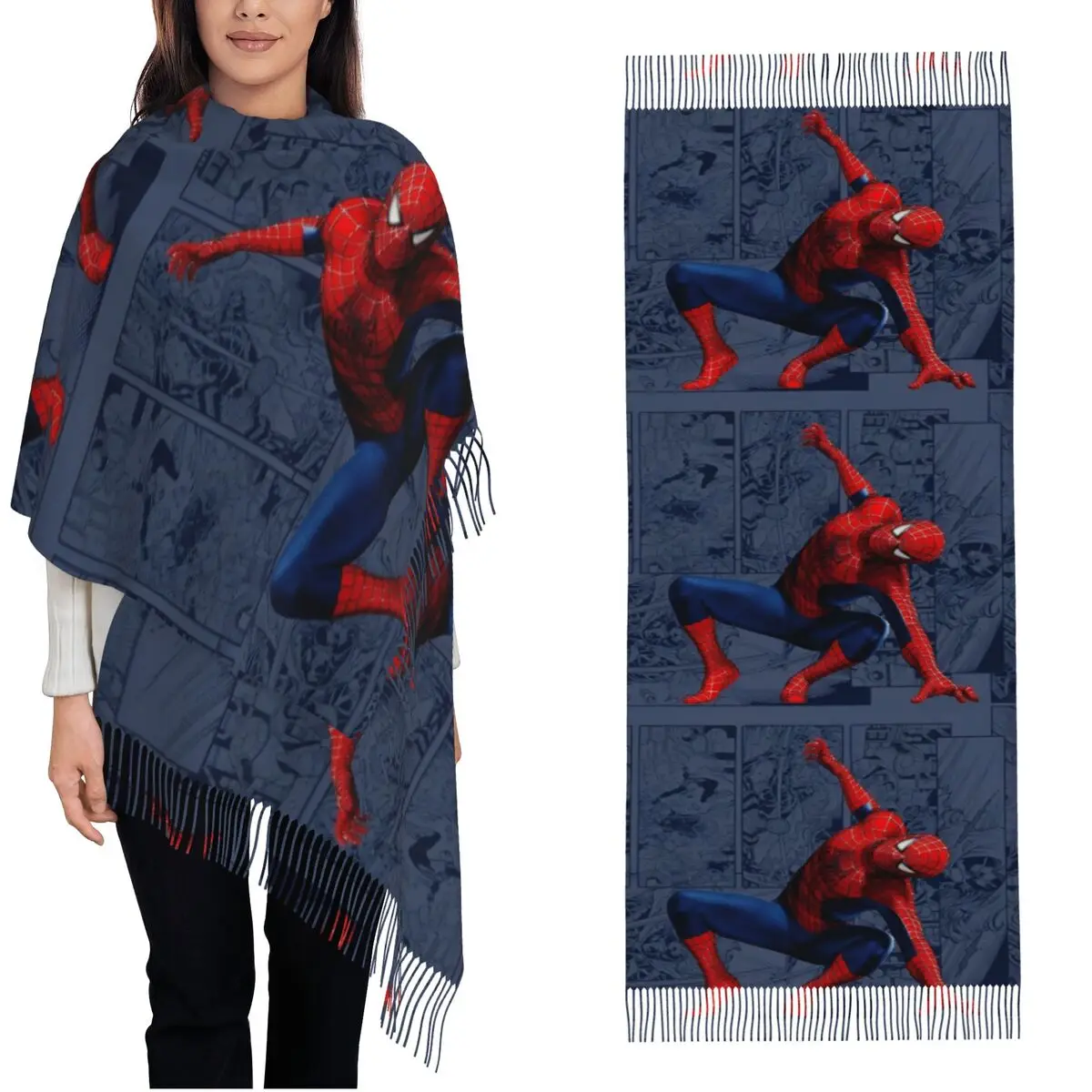 Womens Tassel Scarf Spider-Man Comic Handsome Cool Long Soft Warm Shawl Wrap Cartoon Anime Gifts Pashmina Scarves