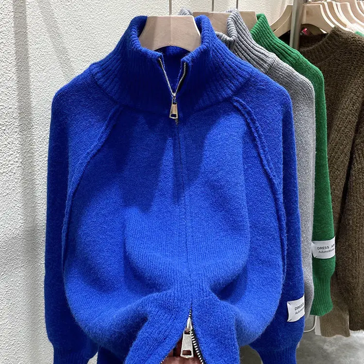 Cardigan sweater Surrounded zipper sweater cardigan female 2023 winter new loose lap-collar cloves wild casual sweater tops