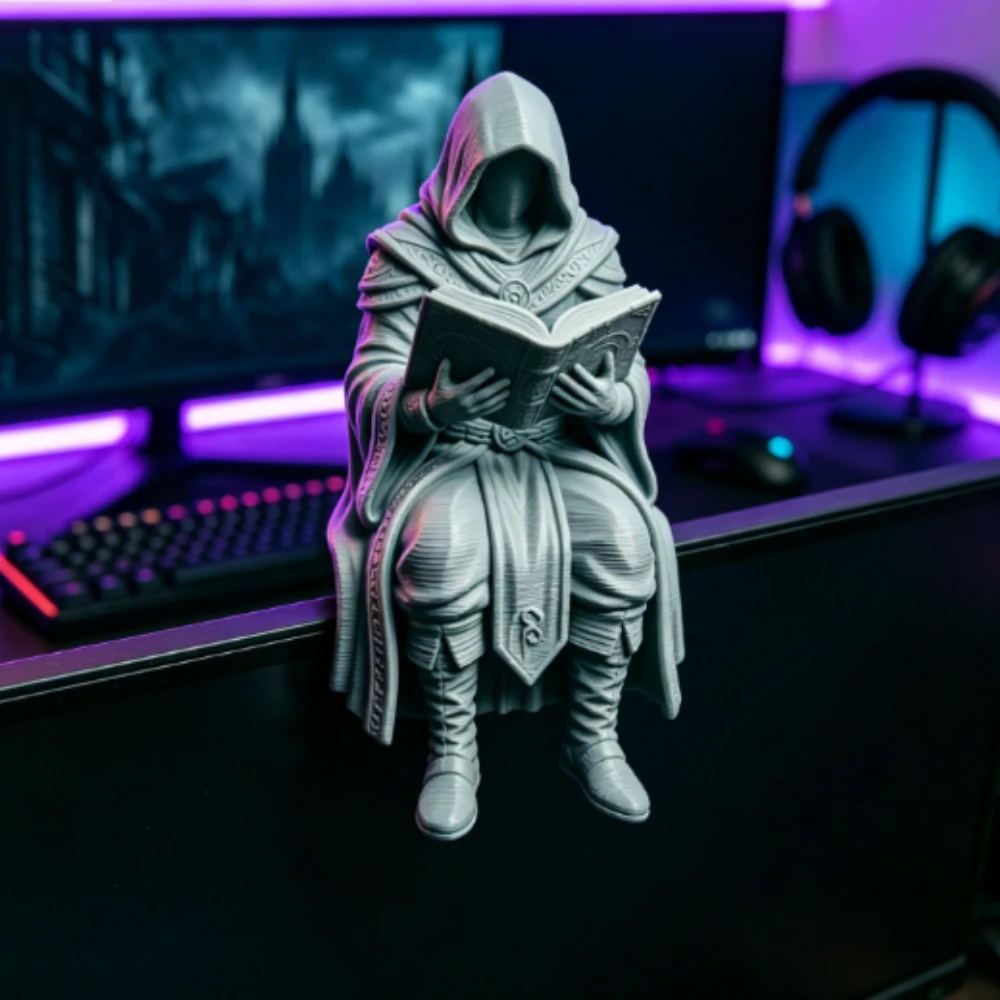 Faceless Hooded Mage Sitting Figurine 3D Printed reading Wizard Monitor Edge Sitter Statue Sorcerer Ornaments home Desk PC Decor