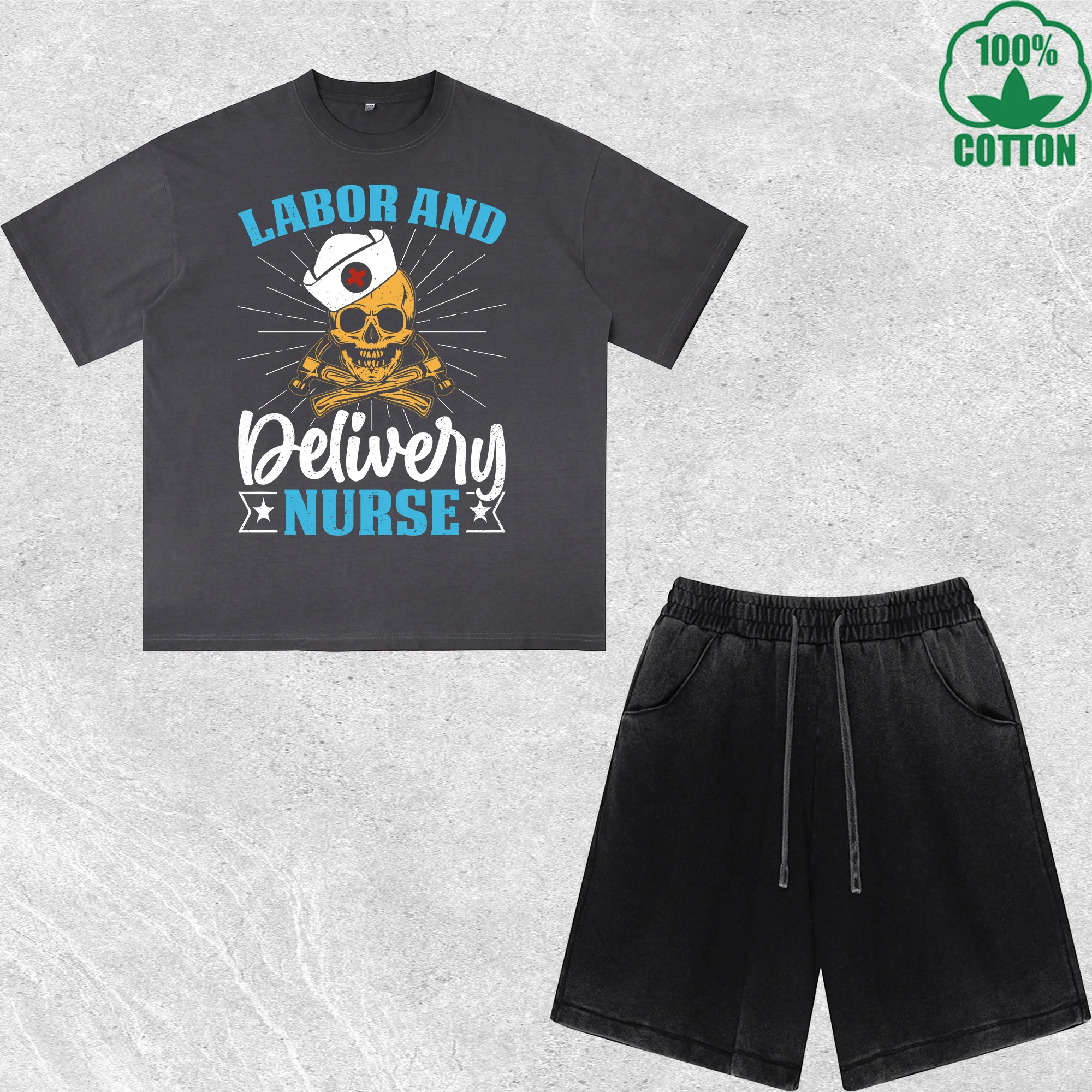 

Labor and Nurse Printed Dirty Wash 100%Cotton T-Shirt Shorts Set Multicolor Combo Loose Trendy Fashionable