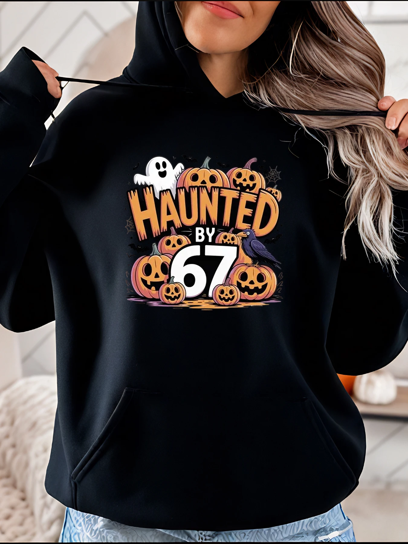

Halloween Hoodie Haunted by 67 Pumpkin Ghost Print Women's Casual Autumn Sweatshirt Halloween Costume Outfit