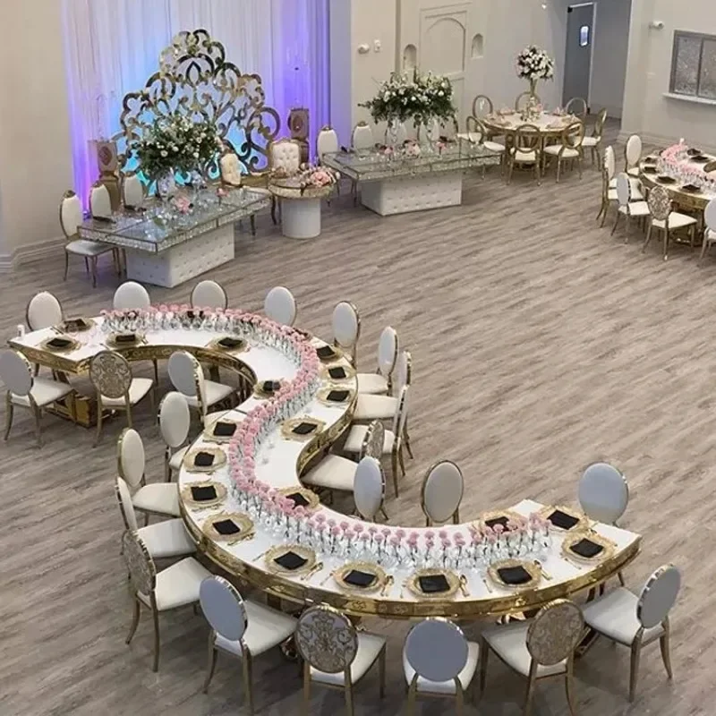 

2022 latest half moon stainless steel glass serpentine shape wedding table dining for event