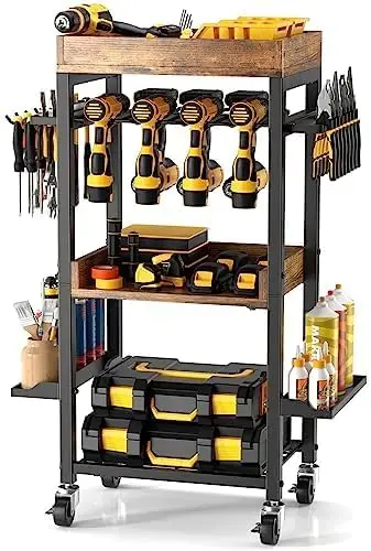 

Power Tool Organizer Storage Cart,4-Tier Heavy Duty Metal Rolling Garage Tool cart on Wheels with 7 Drill Holders 2 Tool Box Fra