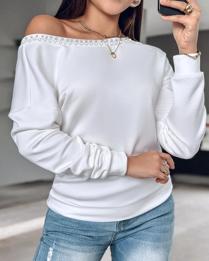 

Women's fashion casual heart-shaped transparent mesh round neck long sleeved bead transparent mesh T-shirt top women's clothing