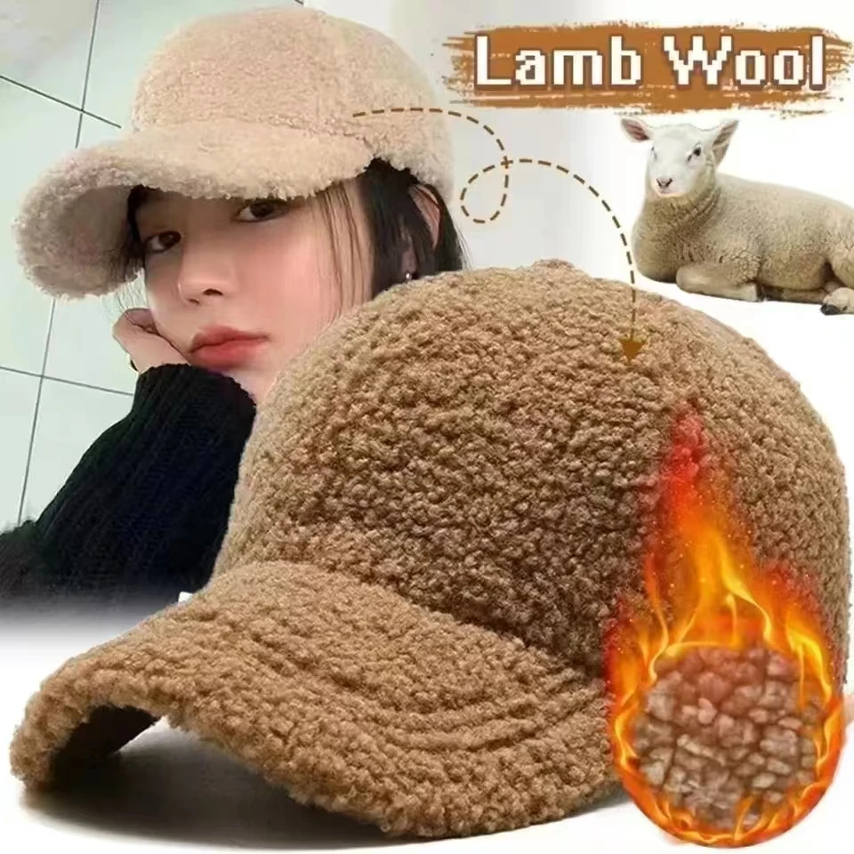Gorra de béisbol de lana de cordero Artificial para mujer, gorro cálido de felpa, versión de marea, otoño e invierno, novedad