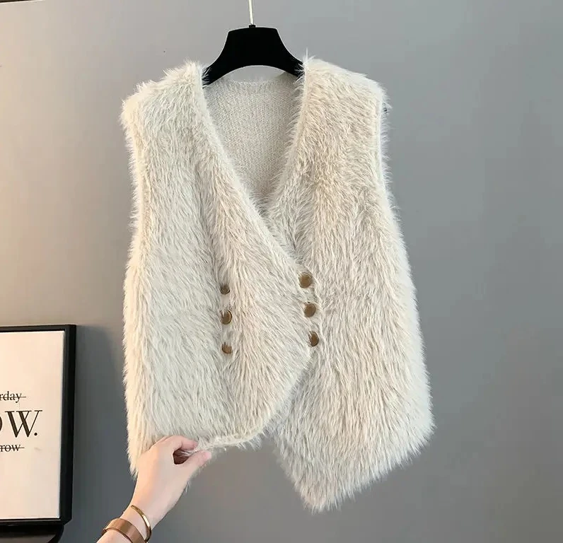 Chaleco de punto holgado para mujer, cárdigan, nuevo suéter de piel sintética de visón, chaleco, prendas de vestir exteriores para primavera, Otoño e Invierno