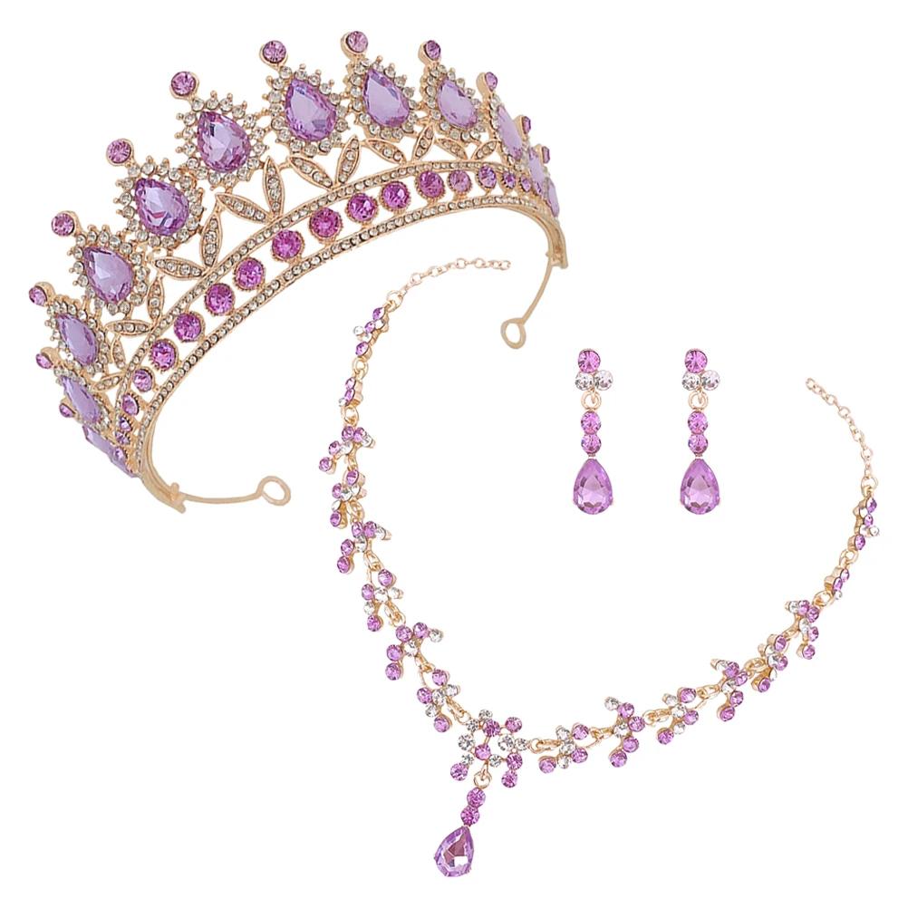 

1 set Crown Earrings Set Rhinestone Decoration Wedding Party Bridal Necklace Earpin Women Jewelry Accessories Purple Gold Color