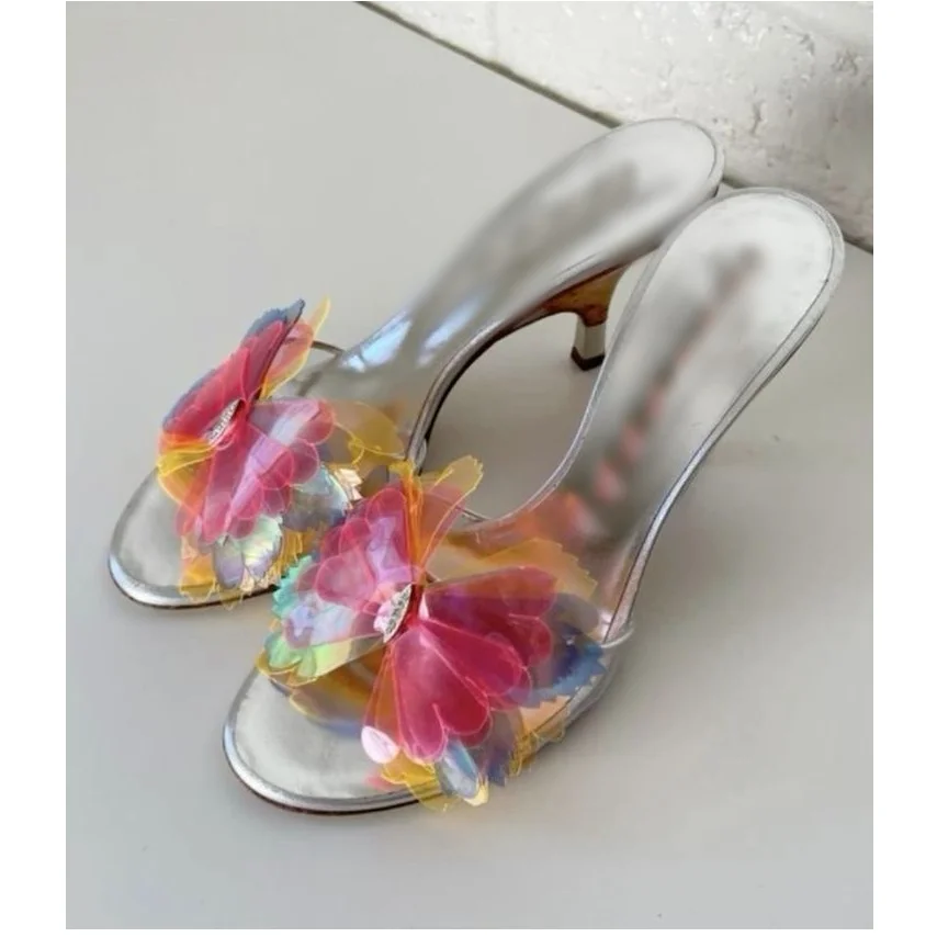 Silver Slip On Butterfly Sandals Round Toe Cut Out Fashionable Sexy Cool 2024 Summer Big Size Woman Shoes Zapatillas Mujer