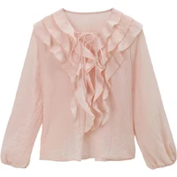 MISHOW Pink Ruffled Blouse for Woman 2025 Autumn New Elegant Sweet V-neck Lace-up Design Shirt Lantern Sleeves Top MXE49X2504 - Image 6