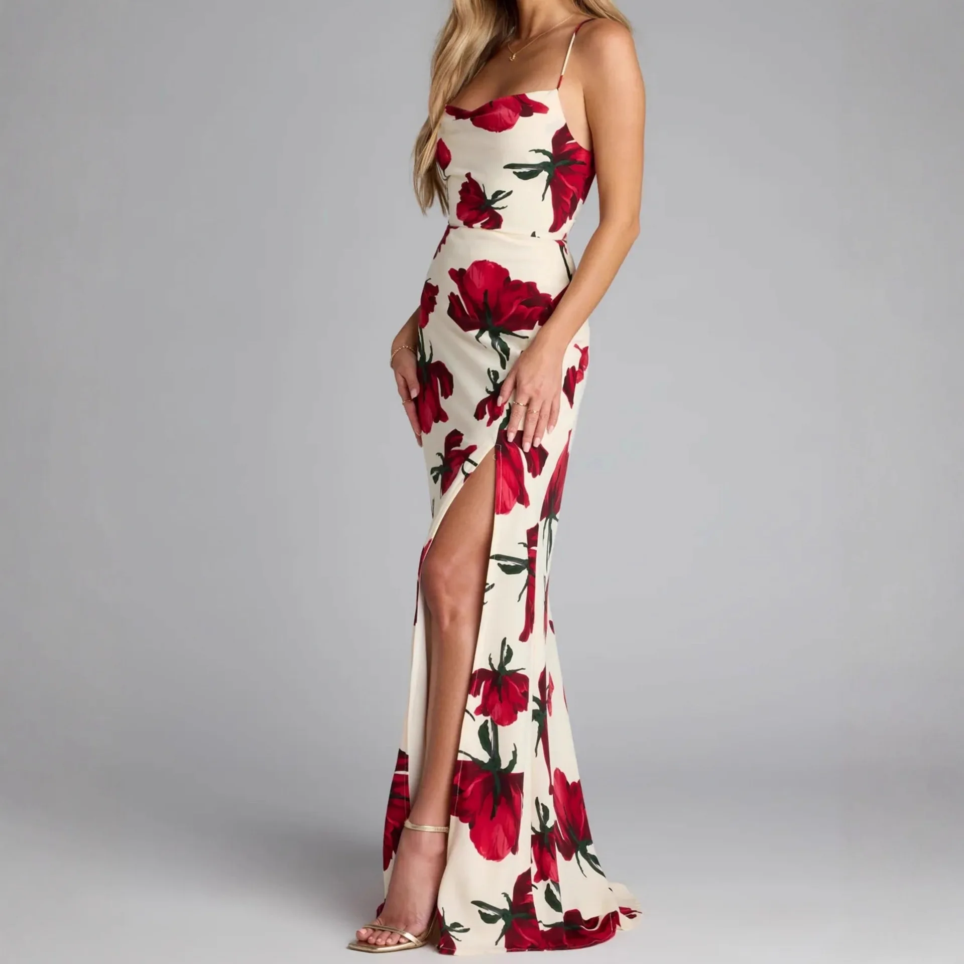 

Rose Print Slim Spaghetti Strap Dresses Women Sexy Backless Leace-up Package Hip Slit Dress Hot Girls Bodycon Party Vestidos