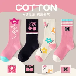 Kids Cotton Socks 4 Pairs Children's Calf Socks Pink Series Athletic Long Socks Breathable