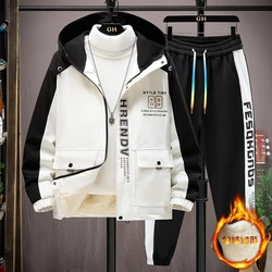 Winter Warm Hooded Jacket+Pant 2-piece Set Men Set Sports Suit Fleece Thickened Sportswear Casual Men Tracksuit