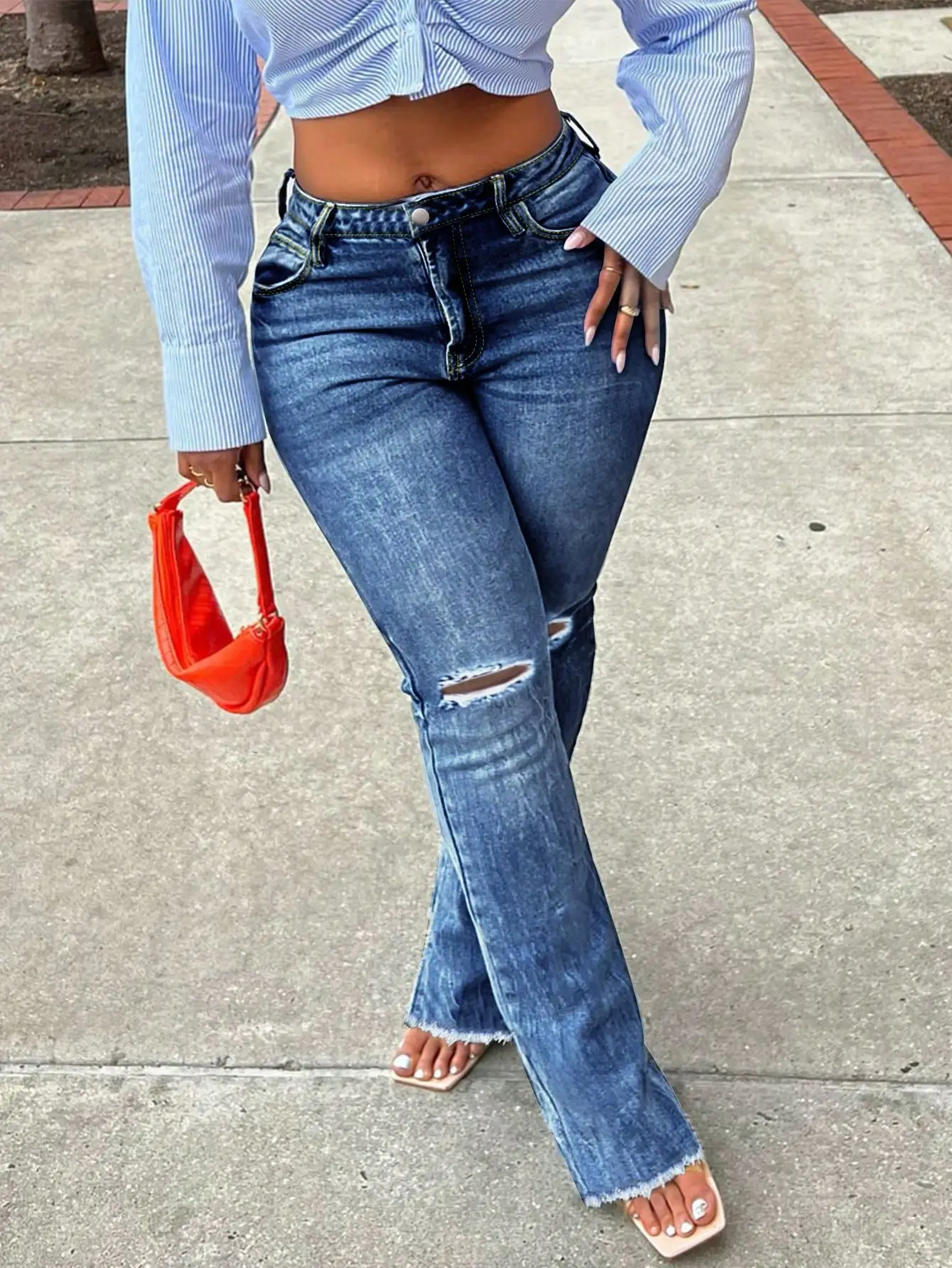 Women Bootcut Jeans Denim Pant Vintage Washed Distressed Frayed Hem Straight Trousers Y2k Streetwear Work Casual Slim Fit summer