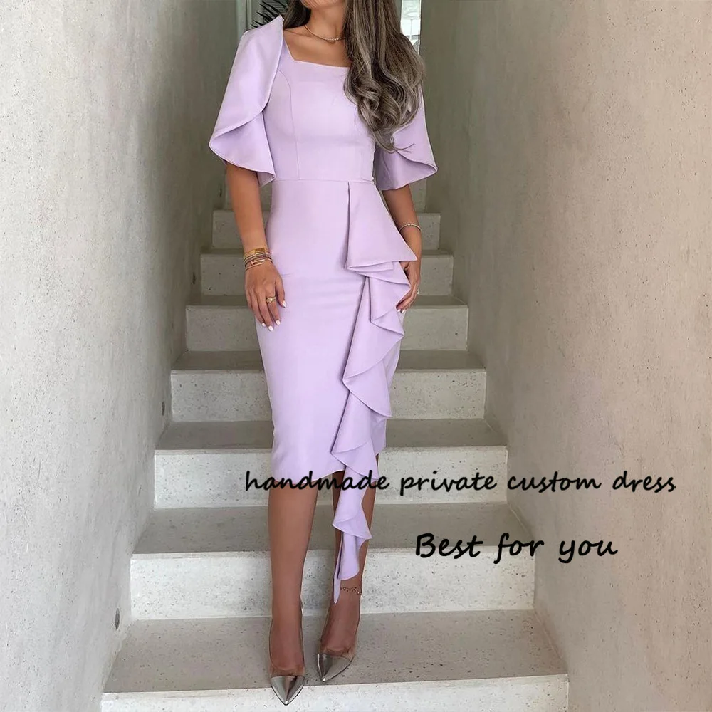 

Lilac Satin Mermaid Evening Dresses Short Sleeve Ruffles Tea length Formal Party Dress Dubai Arabia Women Outfits