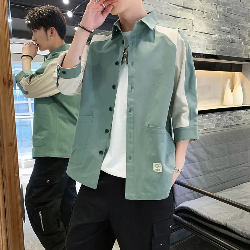 Sommer Casual Herren irt Haome Loose Seven-Viertel Sve Trendy Workwear ort Sve Open Cardigan Youth Faion