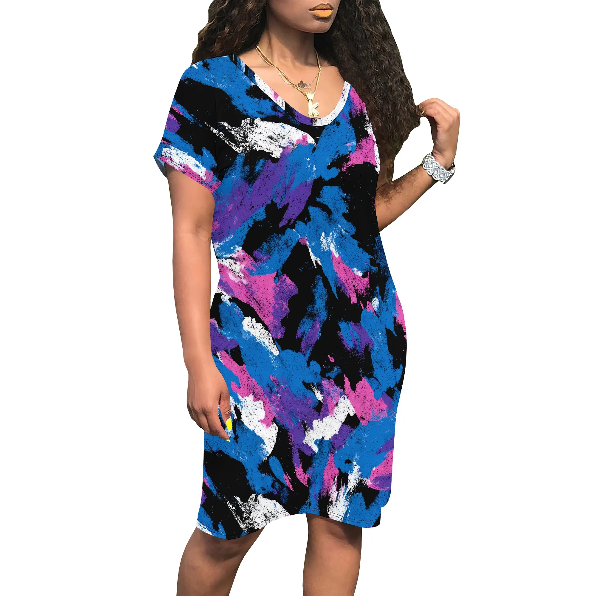 

Women's Summer Short Sleeve A-Line Midi Dresses Casual Floral V Neck Button T-Shirt Dress Flowy Beach Sundress for Women