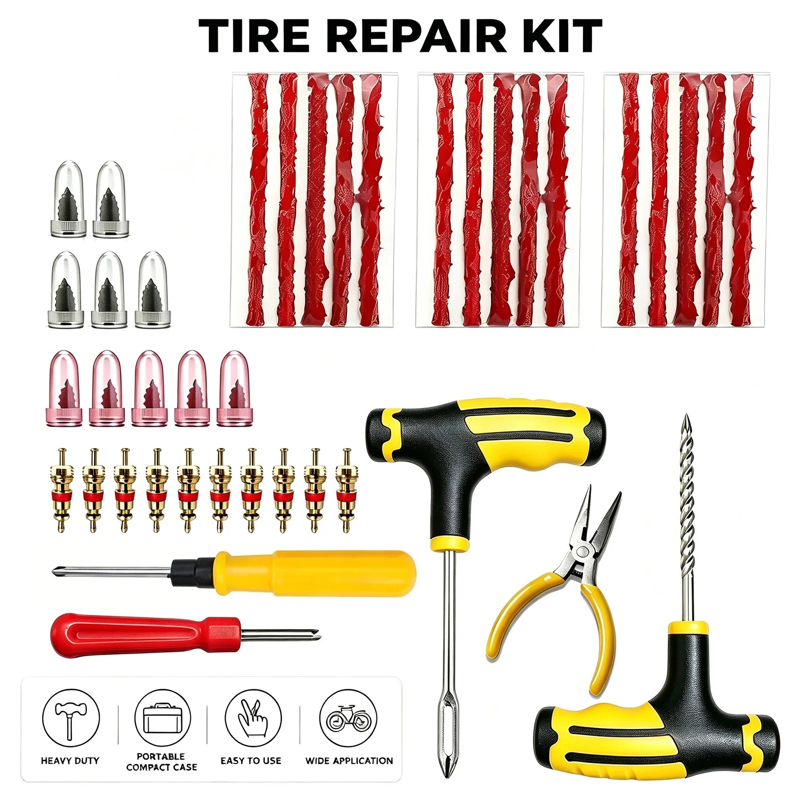 Tire Repair Kit Tubeless Flat Puncture Plug Set T-Handle Reamer Insert Needle Pliers Brass Valve Cores Car EV Motorbike ATV