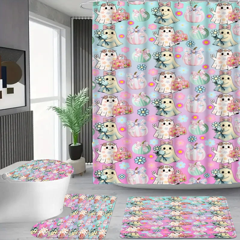 4Pcs Dreamy Candy Color Little Ghost Print Shower Curtain Waterproof and Moisture-Proof Household Shower Partition Bathroom Set