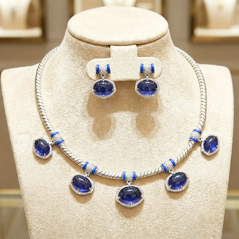 Designer Collection Style Earrings Necklace Inlay Cubic Zircon Synthetic Sapphire Tassels Silver Color Rope Chain Jewelry Sets