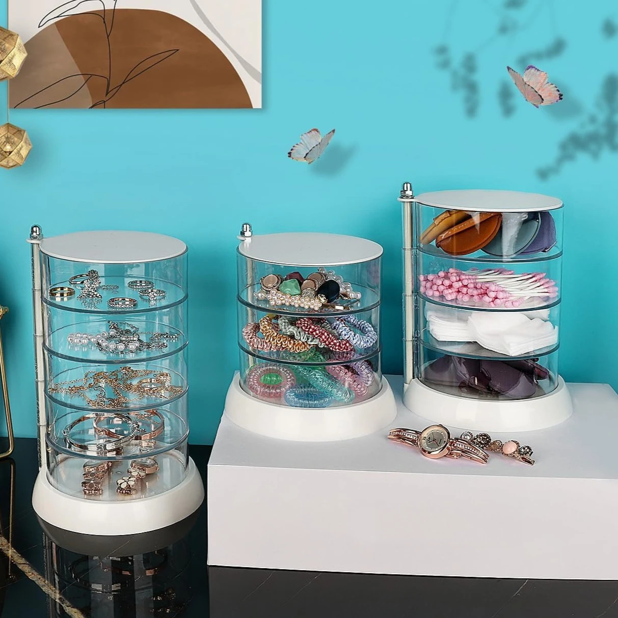 1pc Vanity Table Jewelry Organizer Rotating, 3/4/5 Layer Clear Plastic Spinning Box, Storage Display for Hair Rings, Earrings