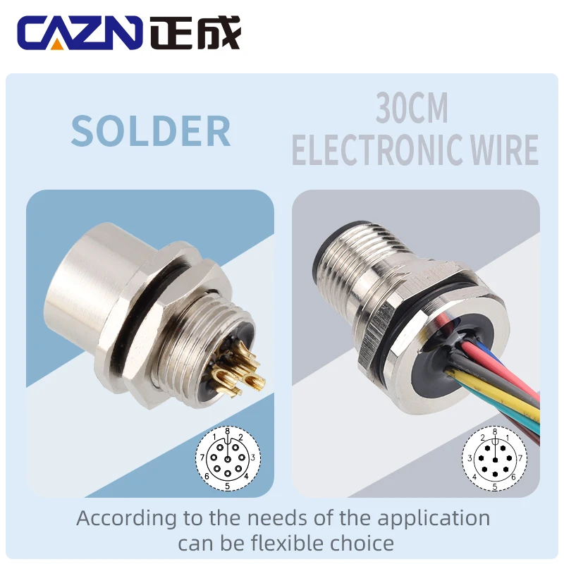 M12 Panel Male Female  Metal Front Mount Socket Solder 4 6 8 12 Pin Receptacle Straight Circular Connectors With 30cm Wires