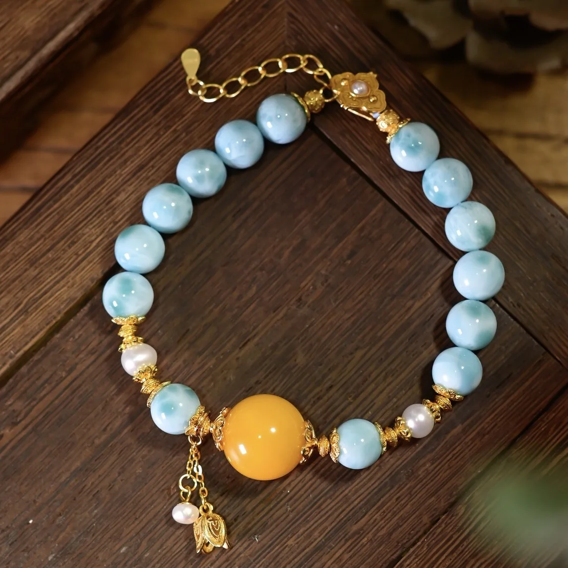 

Браслет из бисера Ларимар в китайском стиле, янтарный пресноводный жемчуг, серебряные женские украшения