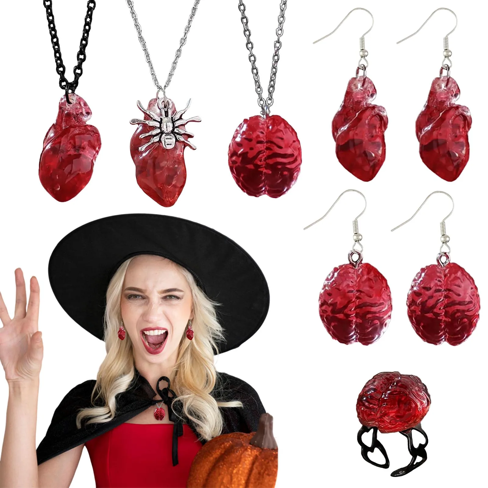 قلادة على شكل قلب من الراتنج ، أقراط فستان هالويون ، الدعائم لثوب المأدبة ، ديكور آذان السفر #4