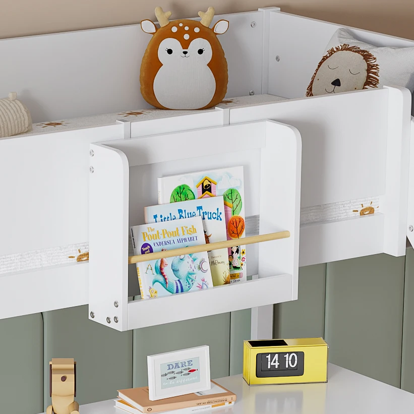 PINGGO Hochbett für Kinder mit Rutsche, 3-stufige Leiter, abnehmbares Regal, Kiefer MDF, Weiß Natur, 90x200cm, ohne Matratze – Detail 12
