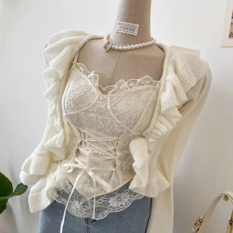 

Solowen Beautiful Lace Trim Cross Tie Waist Elastic Slim Fit Strap Vest ort Length Single Piece Commute Sle Summer