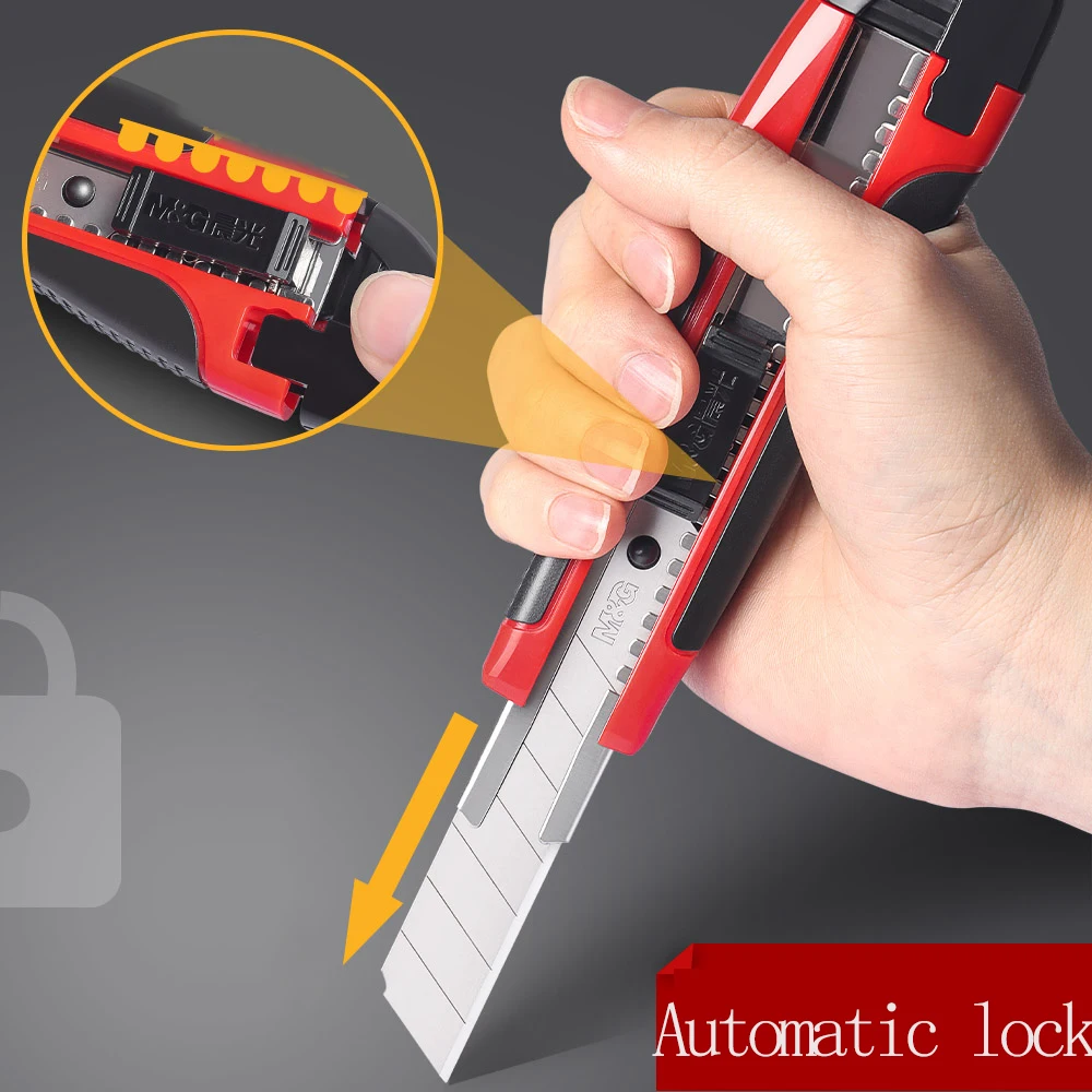 M&G utility knife, 18 mm wide, with plastic handle, replaceable blade, detachable tail, cutting blade, manual lock fun
