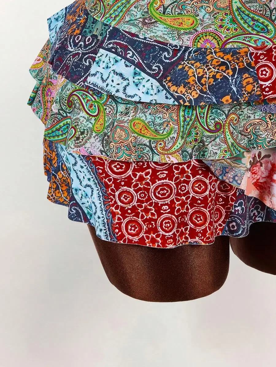 

Women Boho Ruffled Paisley Print Multi-Layered Mini Skirt Low-Waist Festival Beachwear