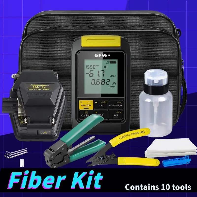 

Fiber Optic FTTH Tool Kit With Optical Power Meter 10MW SKL-6C Fiber Cleaver Visual Fault Locator Wire Stripper