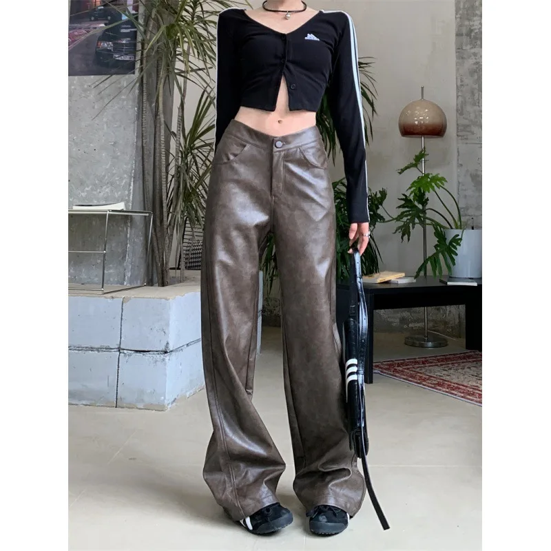 LGRQ 2025 new spring and autumn fashion women clothes PU leather full length pants female trousers WQ1016404L