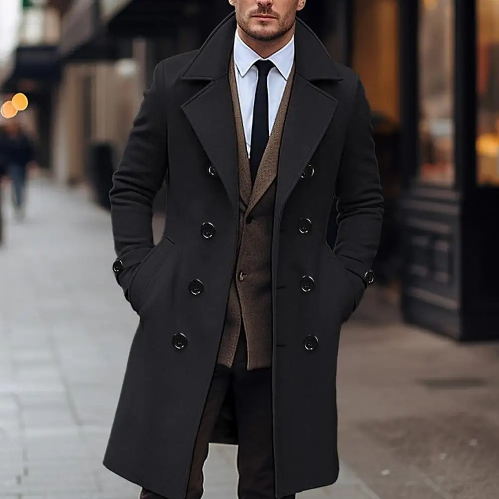 Dress Coat Men's Double Breasted Long Woolen Coat with Lapel Pockets Solid Color Mid-length Outwear for Winter Warmth Style Suit