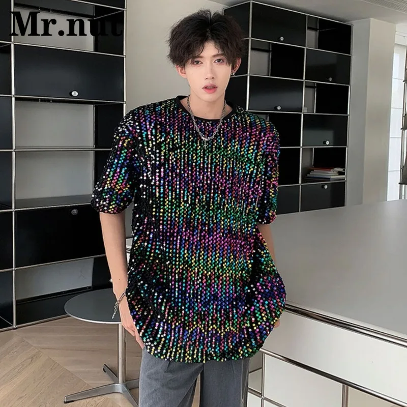 Bling Sequin T-Shirt Streetwear Men\'s Performance Costumes Fashion T-Shirts Male Baggy Short Sleeve Multicolor Mens Tee Shirts