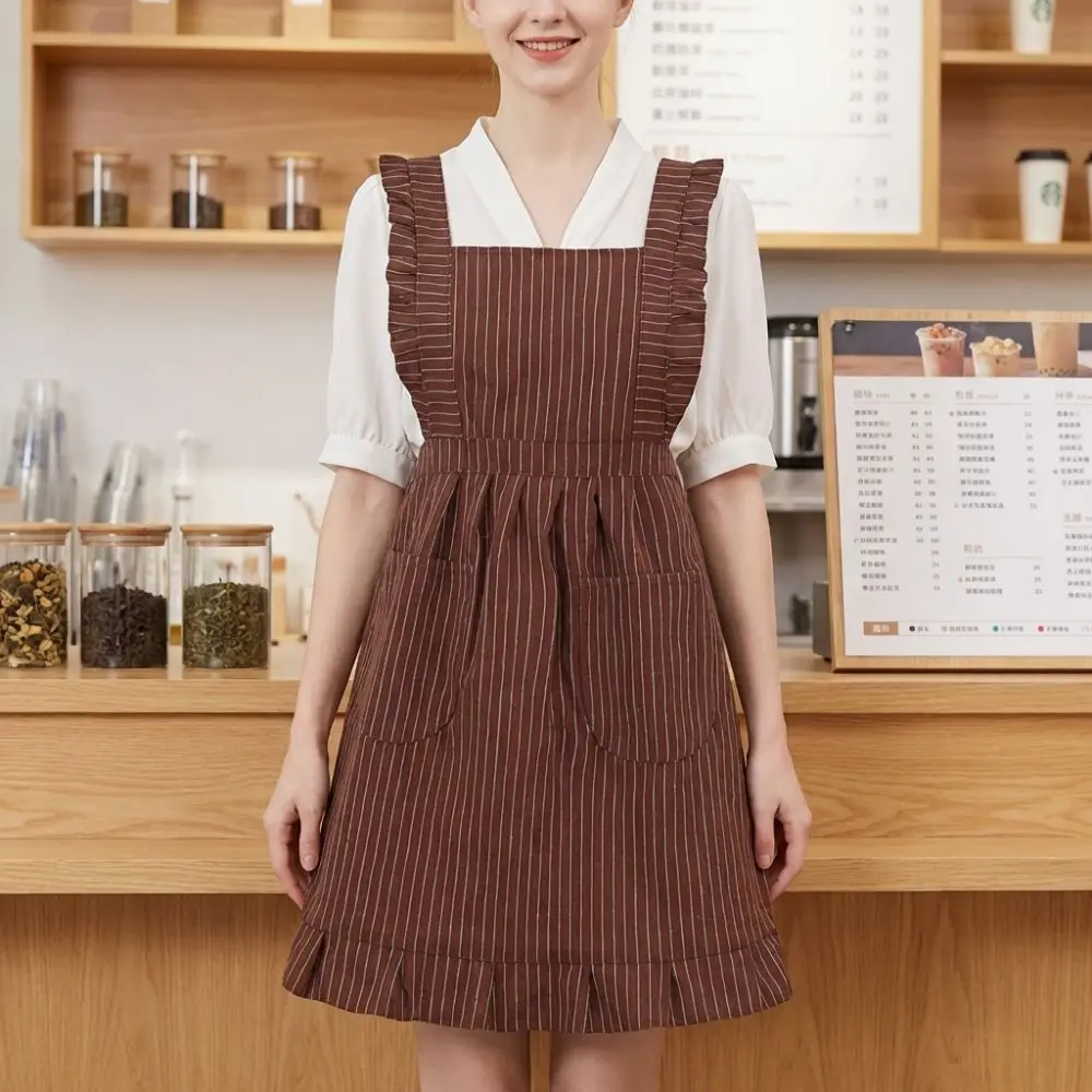 Summer Thin Style Kitch Sleeveless Apron Cotton Oil-proof Princess Dress Apron with Straps Large Pocket Catering Work Clothes