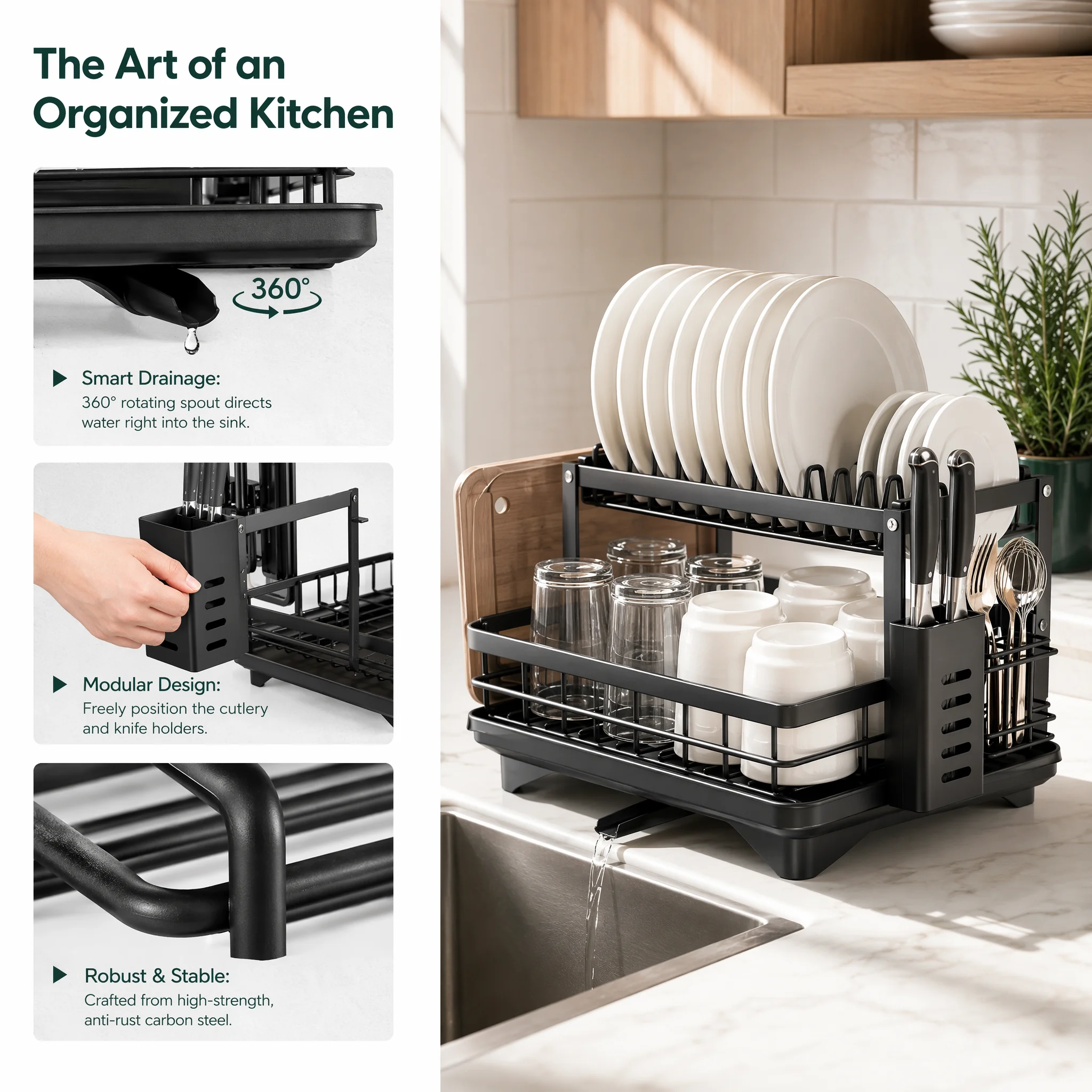 Space Saving Black 2-Tier Dish Rack Carbon Steel Large Capacity Rustproof Dish Drainer Set with Utensil &Chopping Board Holder