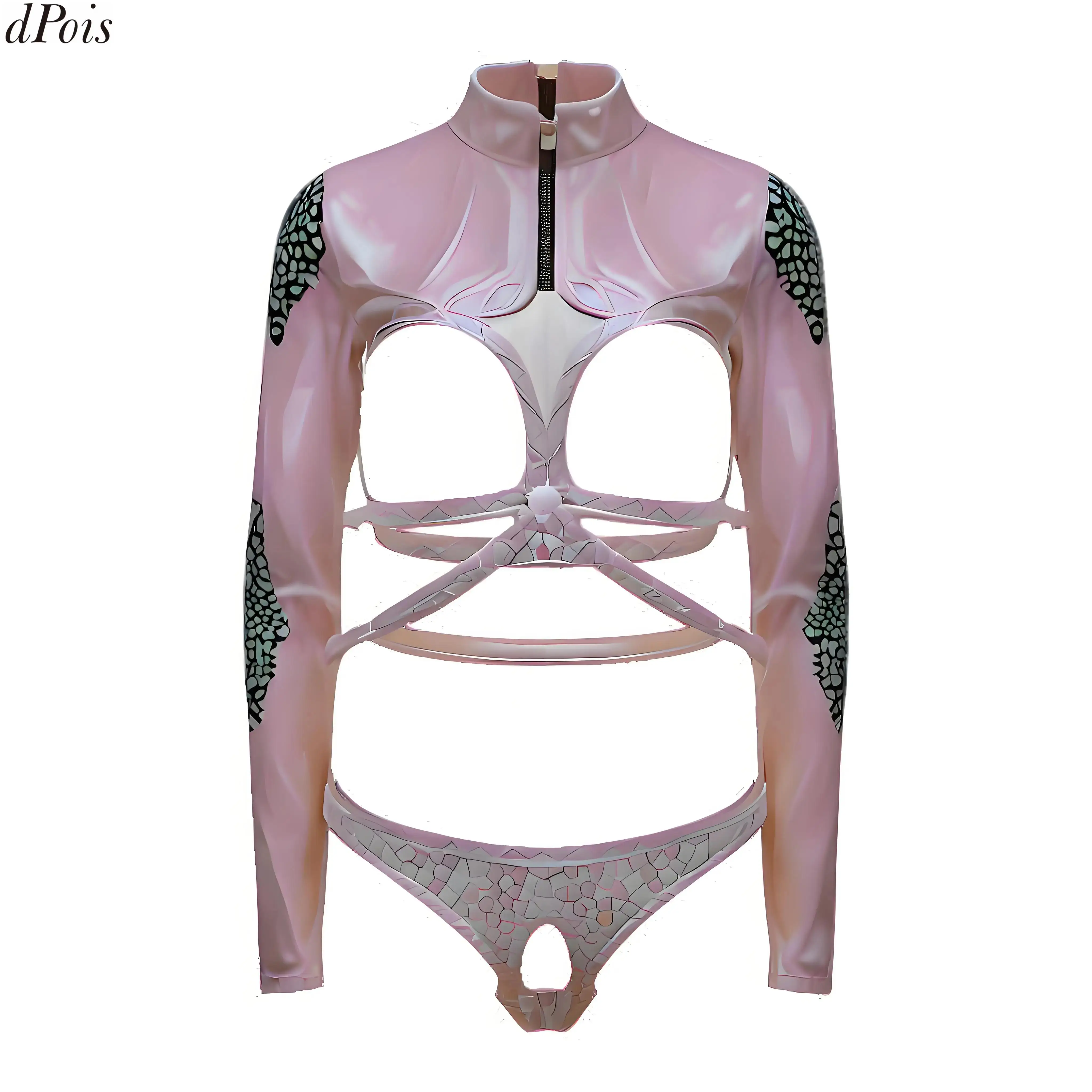 

Women Hot Exposed Lingerie O-ring Clasps Linked Long Sleeve Hollow Out Open Cup Open Crotch Leotard Bodysuit Tempting Nightwear