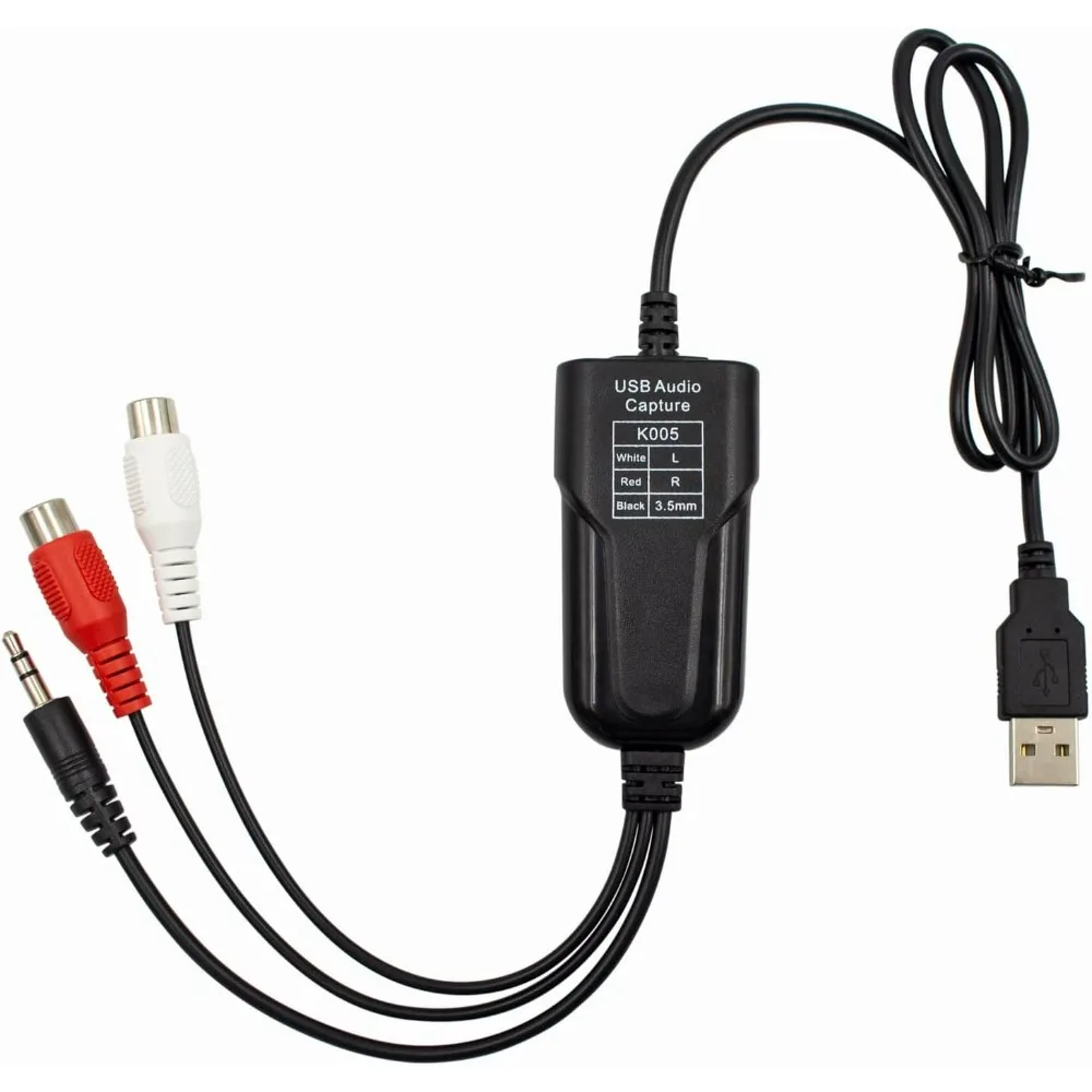 USB Audio Capture Card Analog to Digital MP3 Converter for Vinyl Cassette Tapes MD Phono 3.5mm & R/L Audio Input for Windows10/7