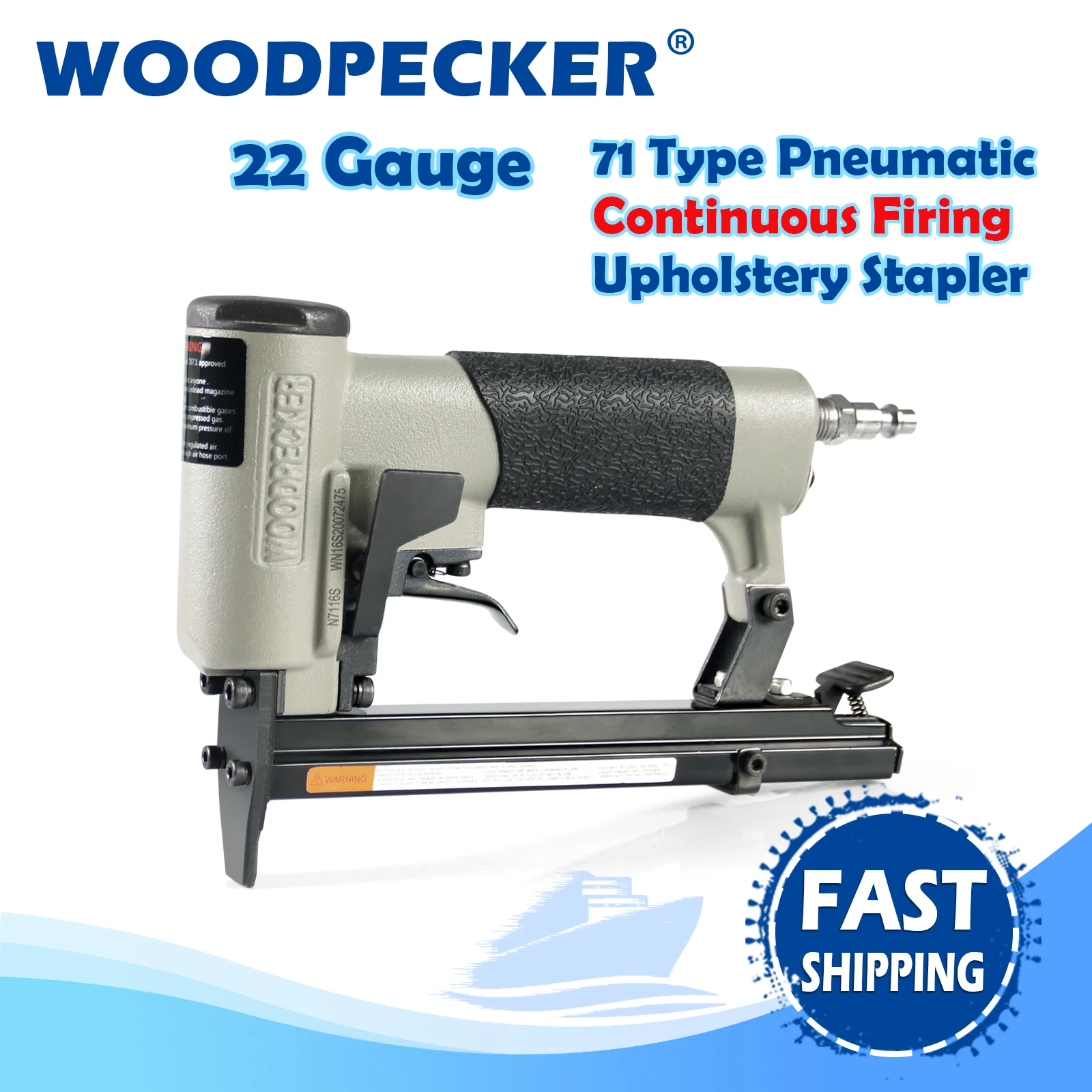 WOODPECKER N7116S 22 Gauge Pneumatic Continuous Firing Upholstery Stapler, 9.0mm Crown 6-16mm Length, for Woodworking, Furniture