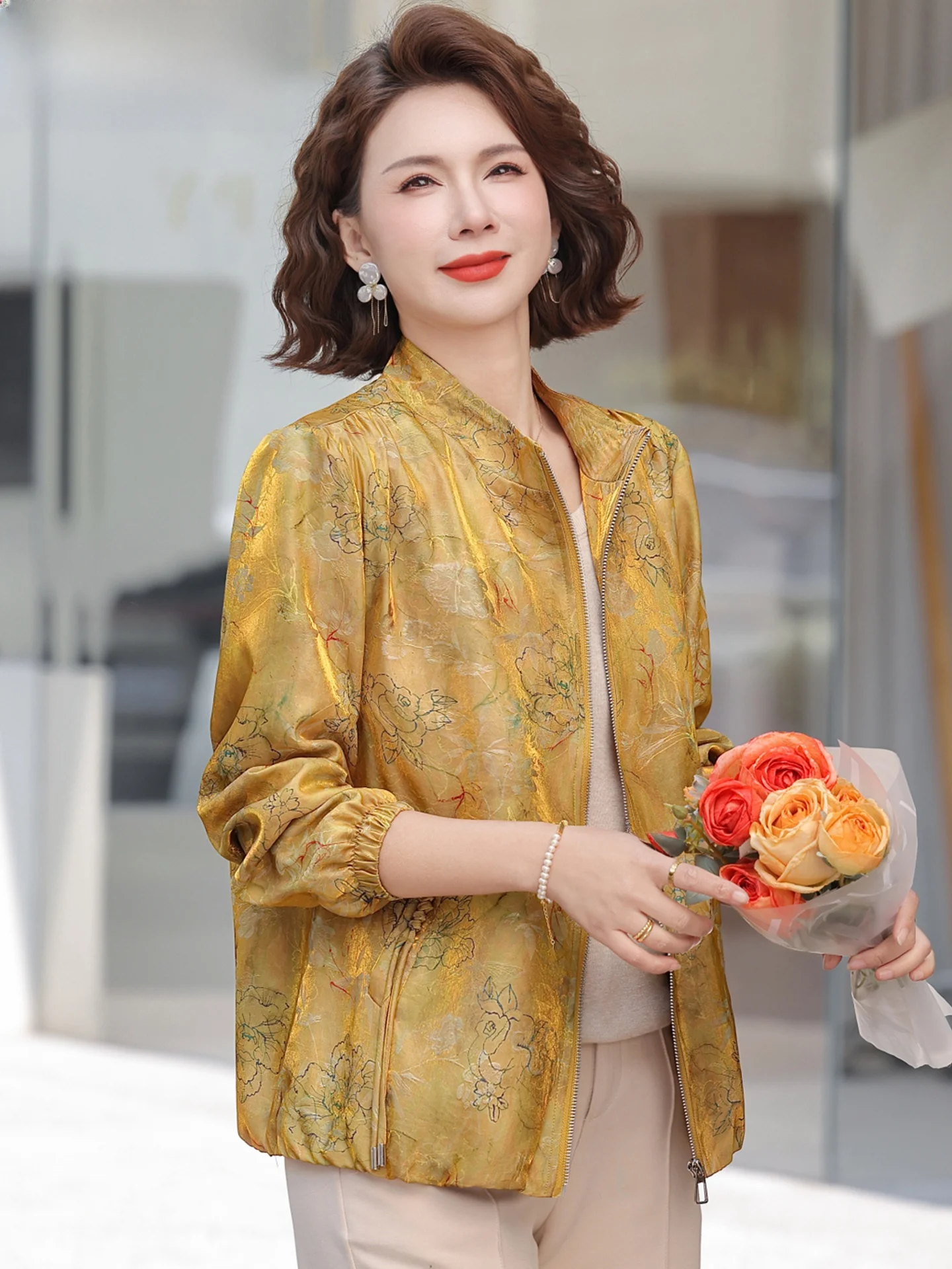 

Faionable Spring Jaet Women's Mid-Aged And ly Sle National Trend Outerwear Breathable Polyester Fiber ort Coat