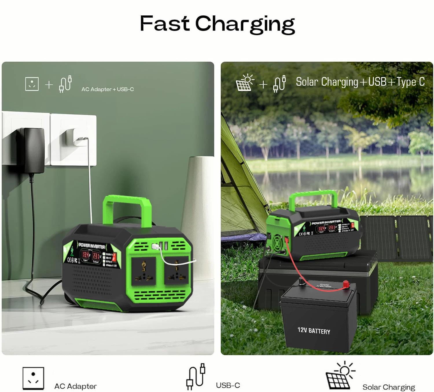 500W power inverter with USB and Type-C, 12V DC to AC220V/110V, automotive power converter, home and outdoor power supply