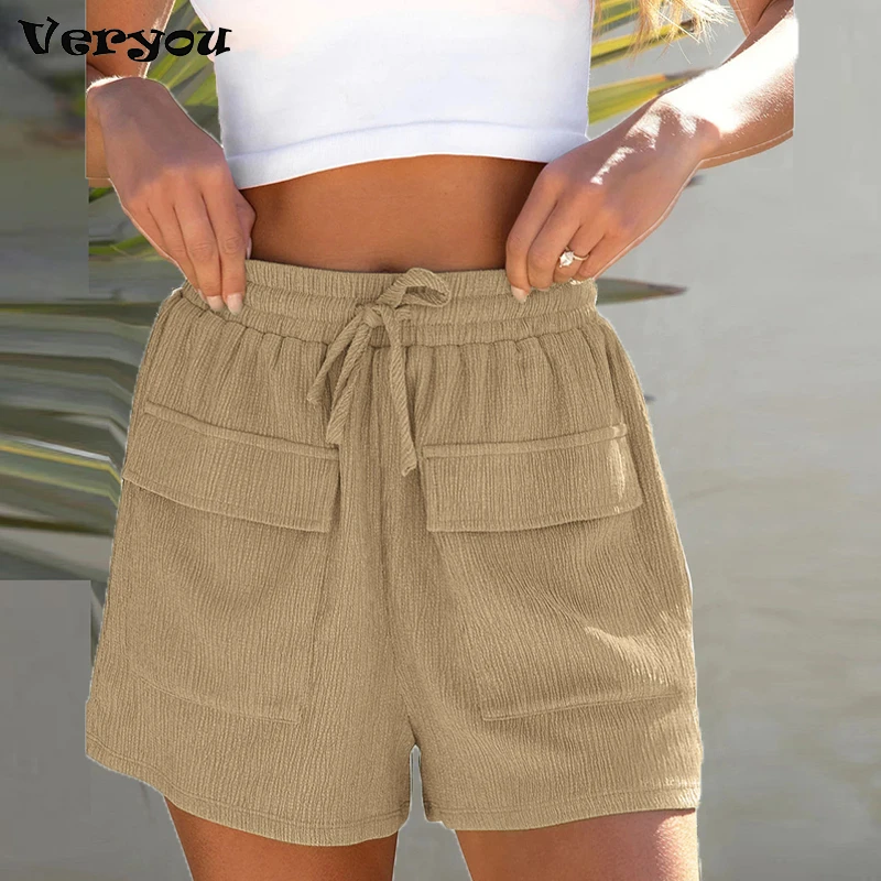 

2023 Women Casual Drawstring Short Pants Elastic Waist Ladies Front Pockets Pants Solid Color High Waist Hot Shorts Daily Outfit