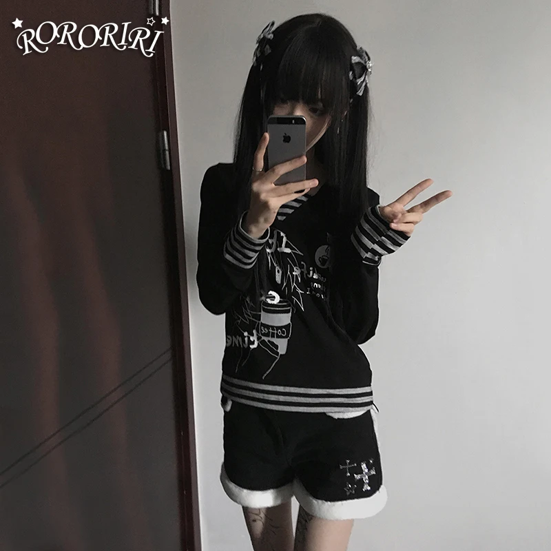 

RORORIRI Winter Furry Cuffs Jean Shorts Black Gothic Glitter Cross A Line Denim Shorts Punk Vintage Women Alternative Clothing