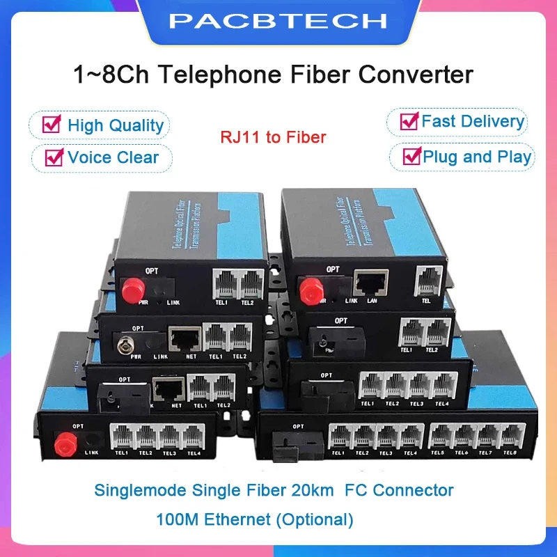 RJ11 Telephone & 10/100Mbps Ethernet Fiber Converter with PCM Voice Support, Singlemode & Multimode, Landline Extender